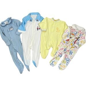 Lot of 4 Vintage 70s Boys Kids One Piece Footie Pajamas Blue Yellow White Clowns